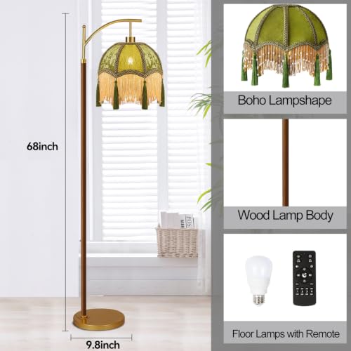 Image of AHDWDW Gold Vintage Floor Lamp for Living Room Bedroom,Arc Victorian Floor Lamps with Remote,Wood Standing Tall Lamp with Green Tassels Velvet Lampshade,Fringe Dimmable Modern Floor Lamp for Corner