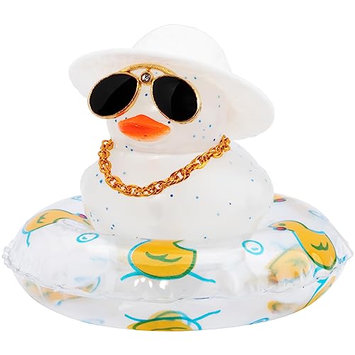 wonuu Car Duck Ornament Dashboard Decorations Rubber Duck Car for Car Dashboard Accessories with Swim Ring Sunglasses Hat and Necklace, C_White&Transparent