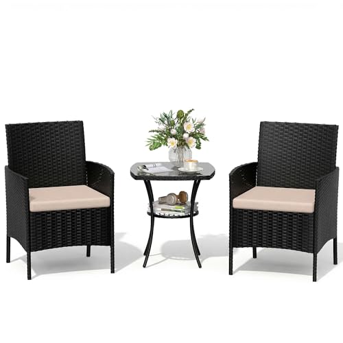 Amopatio 3 Pcs Rattan Garden Furniture Sets, Outdoor Bistro Set with Table and Chairs, Washable Cushions for Balcony, Patio, Backyard, Black