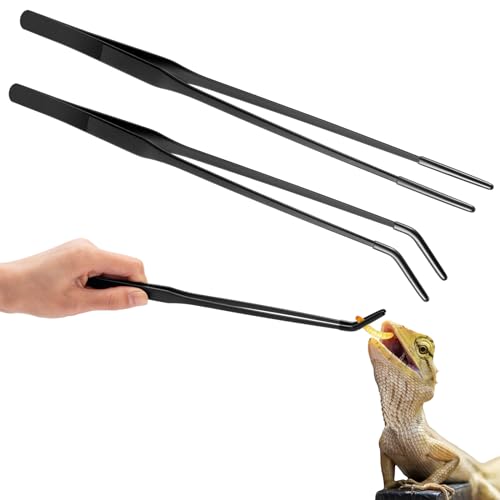 Image of Lasnten 2 Pcs Extra Long Stainless Steel Reptile Feeding Tongs with Rubber Tip 10 Inch, 10.5 Inch Bearded Dragon Aquarium Straight and Curved Long Tweezer Terrarium Feeder Tool for Tank(Black)
