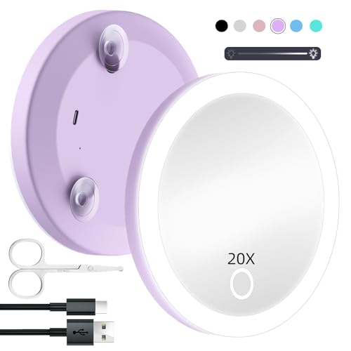 Jadazror Espejo de aumento LED de bolsillo, espejo de aumento de 20X con 3 luces de color y ventosas, aumento iluminado de 4 pulgadas, recargable, aumento de 20 aumentos con juego de tijeras