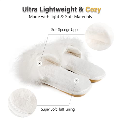 Fur Story Women's Furry Slippers Open Toe Fuzzy Slippers Soft Bride Slippers Wedding Day Fluffy House Slippers(White,9.5-10) #TOP2