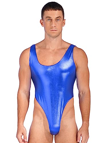 YiZYiF Herren Wetlook Body Sexy Glanz Metallic Bodysuit Jumpsuit Sport Unterhemd Tank Top Gymnastikanzug Trikot Thong Leotard Party Clubwear A_Blau L
