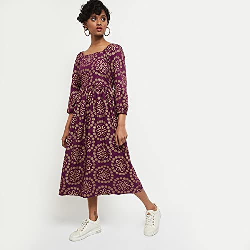 Image of Max Women's Rayon Printed Square Neck Midi Dress Ankle Length Ethnic