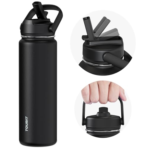 TOURIT 24 oz Insulated Water Bottle, Stainless Steel Water Bottles With Straw, Double Wall Vacuum Insulation for Cold and Hot Drinks, Leak Proof BPA Free Water Flask for Sports and Travel, Black
