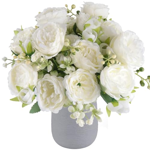 Artificial Peonies Silk Flowers, White Faux Peony Bouquet 2 Bundles Florals Arrangements Decor for Farmhouse Home Boho Wedding Table Centerpiece, Fake Plastic Flowers Bulk for Vase Decoration (White)