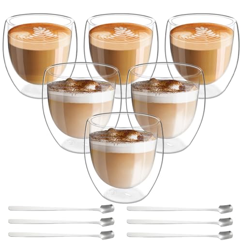 Leikurvo Set di 6 bicchieri da caffè a doppia parete, da 80 ml, a doppia parete, con 6 cucchiai, cappuccino, tazze da caffè, bicchieri da caffè