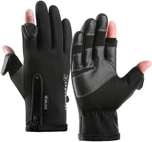 Winter Fingerless Fishing Gloves for Men & Women, Water Repellent & Anti-Slip Cold Weather Touchscreen Black Warm Bike Cycling Gloves for Motorcycle Work Driving Hunting Ski Running Hiking (Black, L)