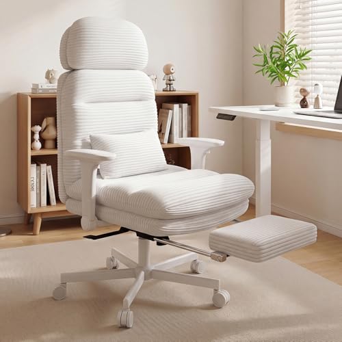 Image of GXJ Criss Cross Legged Office Chair with Flip-up Arms, Footrest, G800 Plus | 6.3 inch Cushion Relieves Tailbone Pain, Head-Lumbar Support Eases Fatigue, Smooth Rolling Wheels, Corduroy Desk Seating, White