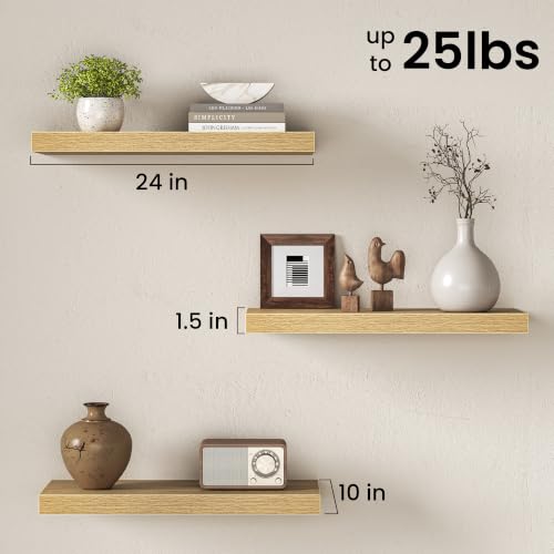 Image of Fun Memories 10 inch Deep Floating Shelves with Invisible Brackets, 24 inch Wall Shelves for Bathroom Bedroom Living Room, Modern Rustic Shelves for Home Decor, 24 inch W x 10 inch D x 1.5 inch H, Set of 3, Oak