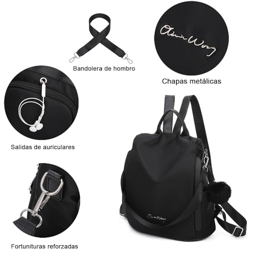 Miniatura 6 de Olivia Wong Mochila Antirrobo Impermeable Para Mujer 13l Mochila Convertible En Bolso Con Pompom Y Asa Desmontable De Adorno - Negro