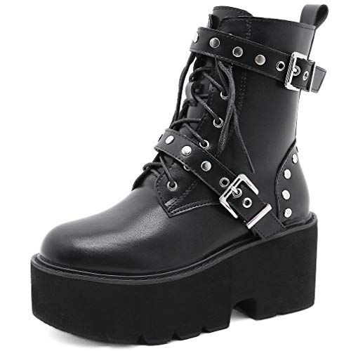 Image of Parisuit Womens Goth Patent Ankle Boots Platform Chunky Combat Boots | Lace Up, Gothic Boots, High Heel, Punk Short Booties, Buckle Boots, Chain Boots