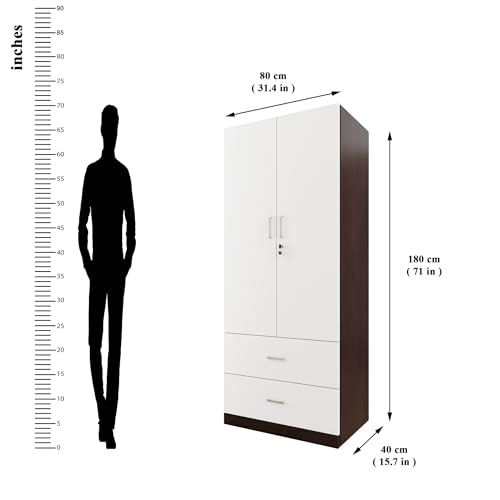 Image of VIKI Wardrobe | Wooden Almirah for Clothes,Door for Bedroom, 2 Door Wardrobe with Drawer & Hanging Space (Dark Wenge, Frosty White - 40D x 80W x 180H) | 1 Year Warranty | Free Assembly