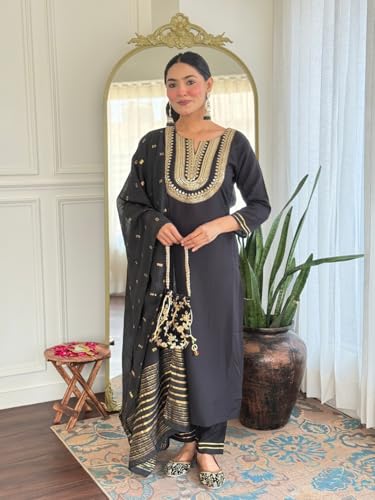 Image of Yashika Women's Black Embroidered Cotton Slub Fabric Straight Kurta, Pant and Dupatta Set | Kurta Set for Women