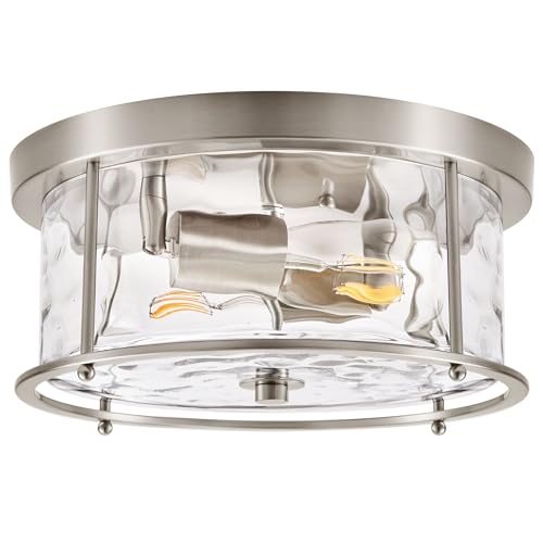 LamQee Flush Mount Ceiling Light with Clear Hammered Glass, Industrial 2-Lights Farmhouse Close to Ceiling Light Fixtures Round Low Profile Lights for Kitchen Hallway Foyer Entrance Bedroom Nickel by LamQee - Used condition - US$39.99