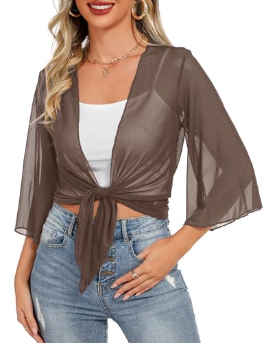 Image of Totatuit Women's Short Cardigan Bolero Sheer Shrug Tie Open Front Bell Sleeve Summer Cropped Bolero Cardigan