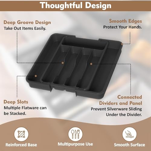 Image of JD FRESH Expandable Slider Drawer Organizer /Kitchen Cutlery Tray /Plastic Storage Tray Kitchen Organization /Adjustable Cutlery & BPA Free Flatware Holder for Spoons, Forks, Knives (Black, Pack of 1)