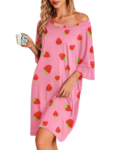 Image of Ekouaer Plus Size Nightgowns for Women Oversized Sleep Shirt Short Sleeve Nightshirt T-Shirt Dress Sleepwear S-5XL