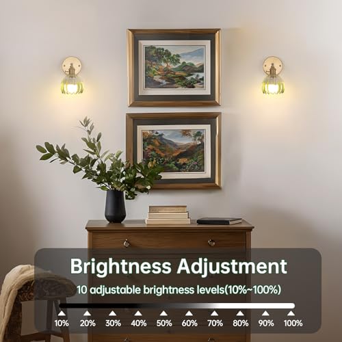 Image of Shenmoyl Vintage 5000 mAh Battery Operated Wall Sconce with Green Clear Tulip Gradient Glass Lampshade Rechargeable Battery Powered Wall Light with Remote Control for Bedroom, Set of 2