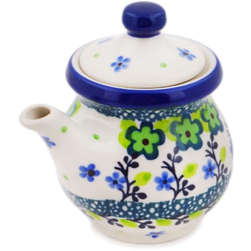 Authentic Polish Pottery Creamer with Lid Signature UNIKAT in Green Chrysanthemums Design Handmade in Boles?awiec Poland by Ceramika Artystyczna + Certificate of Authenticity