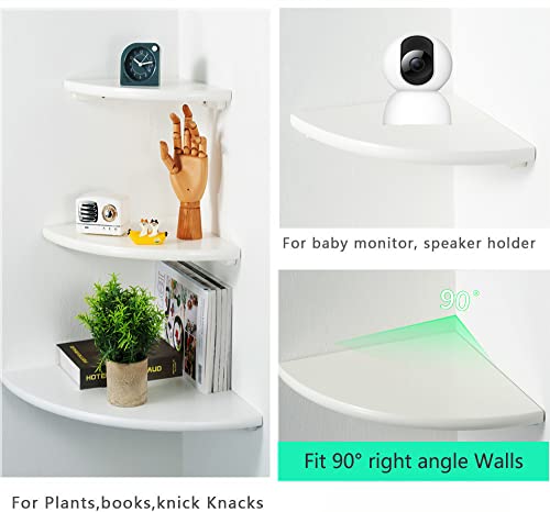 White Corner Shelf, Wall Mount 7inch Natural Oak Wood Floating Corner Wall Shelf Round End Small Corner Nightstand Plant Shelf for Bedroom, Kitchen, Living Room Set of 2…