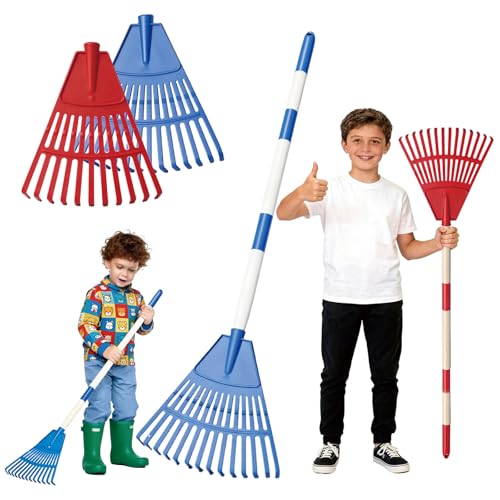 2PCS Widening Garden Leaf Rake Detachable Handle Lightweight Kids Gardening Tools Plastic Lawn Rakes for Lawn Leaves and Outdoor Yard Cleaning