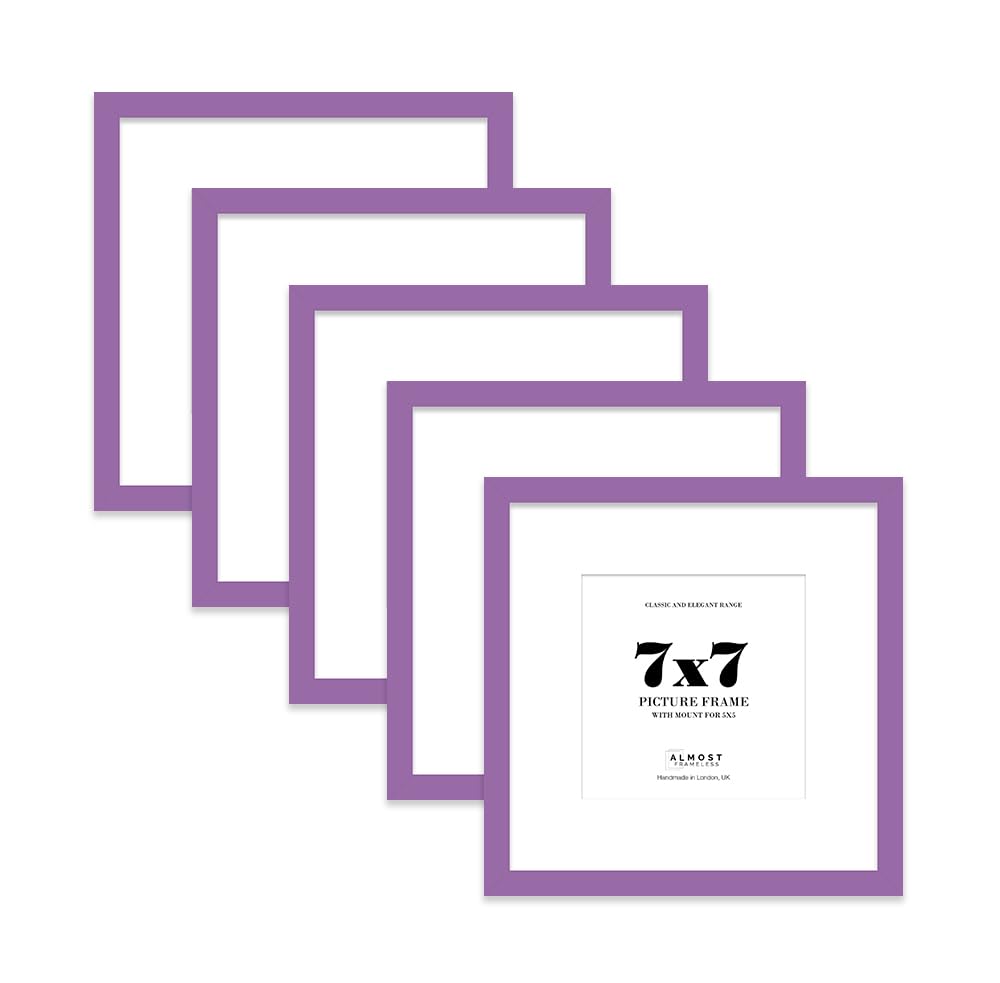 7x7 Purple Picture Frame with Mount for 5x5 Photos, Prints - Modern Square Wall Frame, Set of 5
