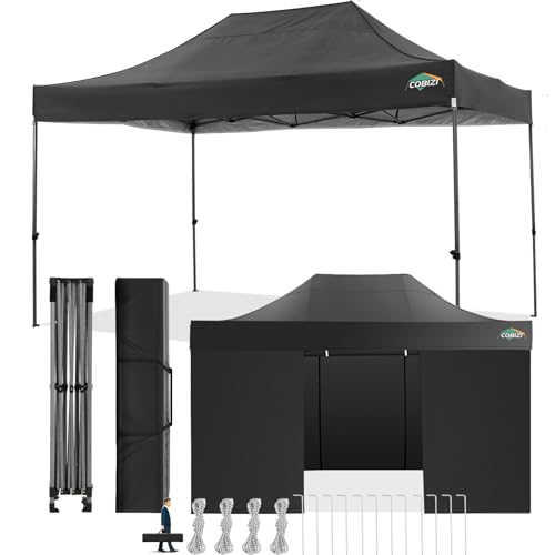 COBIZI 10x15 Pop Up Canopy with 4 Sidewall,Heavy Duty Canopy UPF 50+ All Season Wind Waterproof Commercial Outdoor Wedding Party Tents for Parties Gazebo with Carry Bag(10 x 15 ft Black)