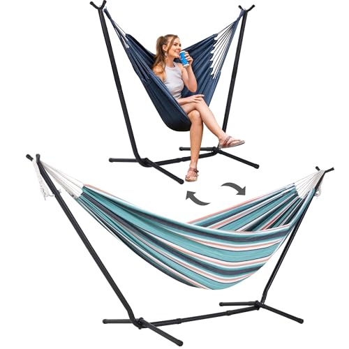 Image of SUNCREAT 2-in-1 Convertible Backyard Hammock with Stand, Green & Orange