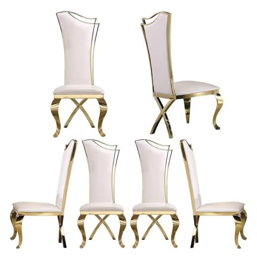ACEDÉCOR Dining Chair, White Leather Upholstered Dining Chairs Set of 6, Modern Gorgeous Streamlined High Back Chair with Gold Mirror Curved and X-Shaped Metal Legs
