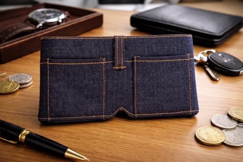 Image of Men's Denim Wallet - Slim Bifold Mini Jeans Style Fabric Wallet with Pocket | Lightweight Compact Card Holder & Cash Organizer | Casual Blue for Men Unisex