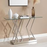 BECHAEO Tempered Glass Console Table for Entryway, 43.3' Modern Console Table with Chromed Legs, Silver Sofa Table for Living Room Hallway Entryway