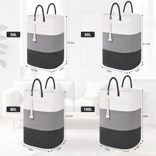 Woven Laundry Basket for Clothes,65 L Large Rectangle Laundry Hampers with Beads Tassel, Nursery Storage Basket for Toys, Tall Dirty Clothes Hamper for Bedroom Aesthetic, Laundry Room Organization by WENMER - Used condition - Image 3