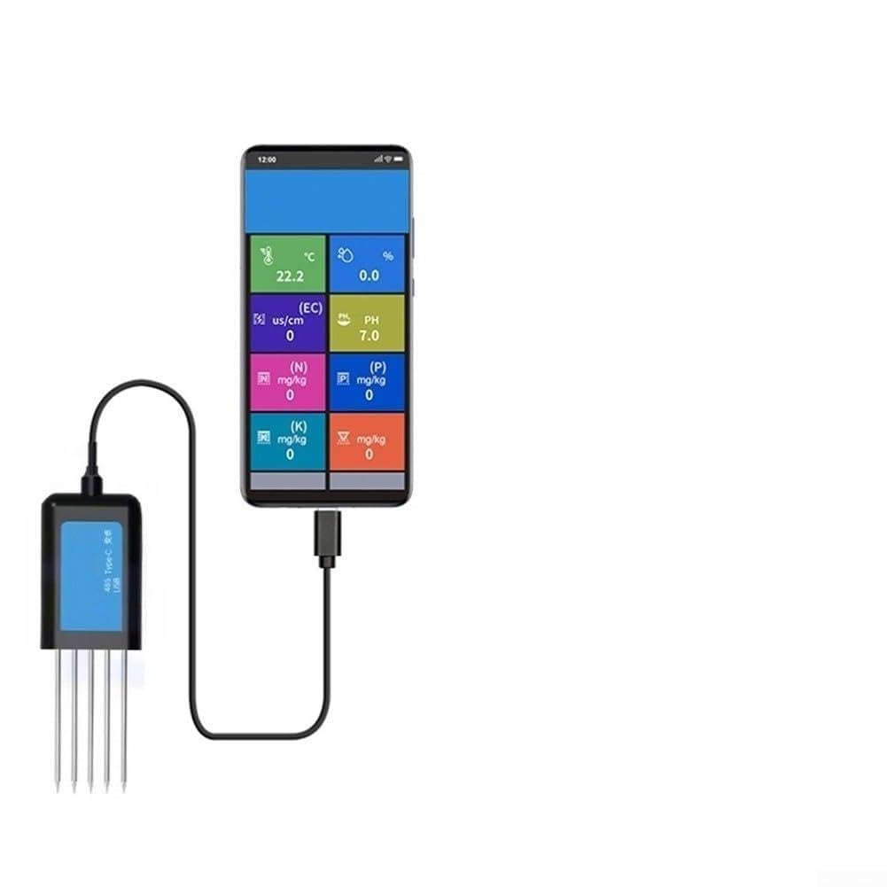 Sensor de suelo USB para medir humedad, pH, conductividad y NPK, probador digital impermeable IP68 de suelo con sonda de metal para agricultura, invernadero y hogar (C)
