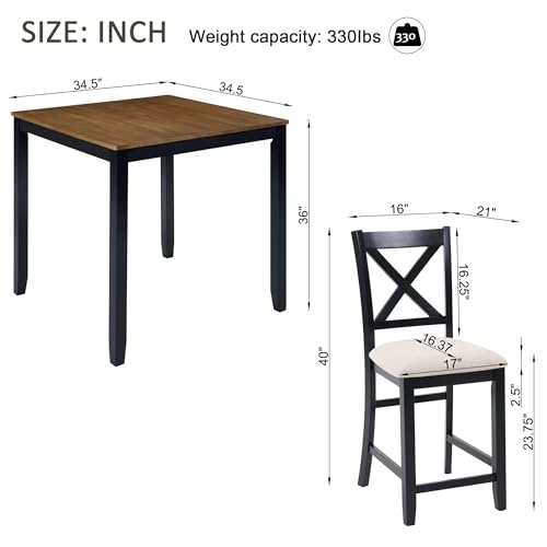 Image of Harper & Bright Designs Counter Height Dining Table Set 5-Piece for 4, Farmhouse Kitchen Table 34.5 inch Square with 4 X-Back Chairs, Black & Oak for Small Space