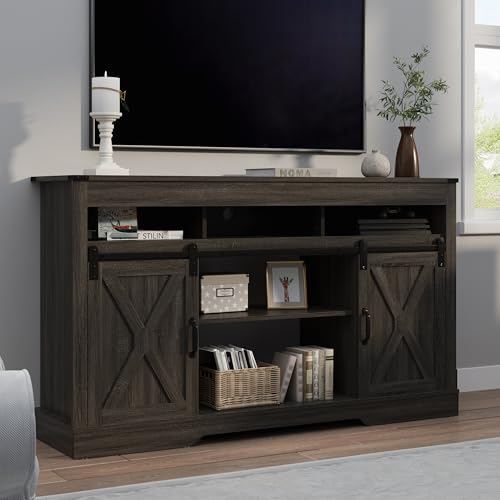 Image of RoyalCraft Farmhouse TV Stand for 23 inch Fireplace, 34'' Tall Entertainment Center for 65+ Inch TV, Rustic TV Console with Sliding Bar Door for Living Room, Dark Grey