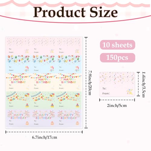 Happy Birthday Gift Tags Stickers, 150 PCS Gift Tags Stickers for Presents, 10 Sheets Self Adhesive to from Name Tag Labels Sticker Birthday Present Label for Box Cards Envelope Gifts Wrapping