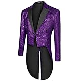 MAGE MALE Mens Sequin Tuxedo Jacket Tails Slim Fit Tailcoat Dress Coat Swallowtail Dinner Party Wedding Blazer Suit Jacket Purple