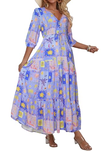 Image of Women Short Sleeve V Neck Floral Print Casual Bohemian Maxi Dresses