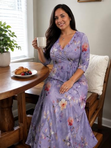 Image of Plus Size Maxi Dress for Women V Neck Flowy Dresses with Pockets for Wedding Guest Church
