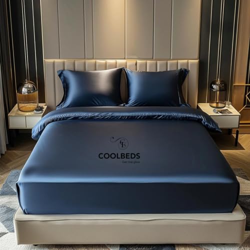Image of COOLBEDS Satin Bedsheet for Single Bed Elastic Fitted - Bedsheet for Single Bed - Single Bedsheet with 2 Pillow Covers - Satin Bedsheet - Elastic Bedsheet - 400 Thread Count - 190 x 96 cms (Navy Blue)