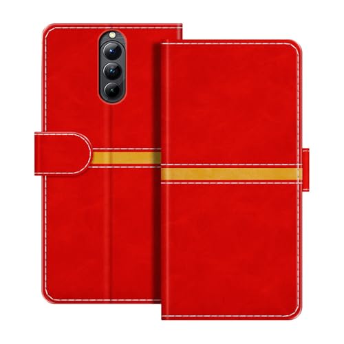 ESACMOT レザーウォレットケース ZTE Nubia Red Magic 8S Pro+ との互換性あり 横ストライプデザイン カード収納付き マグネット式手帳型カバー (レッド)