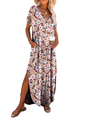 Image of Dokotoo Summer Dresses for Women 2026 Casual Maxi Dress V Neck Cap Sleeve Long Sundress with Pockets Beach Vacation