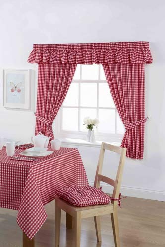 Country Look Gingham Check Cherry Unlined Readymade Curtain 46x42in (116x107cms) Approximately. Includes Tie Back Pair.