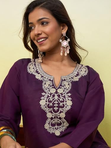 Image of Women's Embroidered Silk Straight Kurta Kurti | Below Knee Kurtas for Women Traditional Indian Wear Outfit Suitable Casual Festive Office Styling