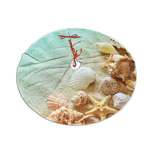 Sea Animals Christmas Tree Skirt for Xmas Holiday Party Supplies Large Tree Mat Decor, Summer Seashell Beach Starfish Ocean Ornaments 30