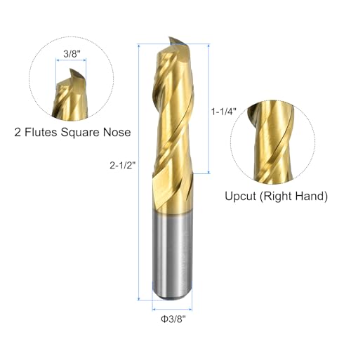 Image of uxcell Carbide Square End Mill, 3 /8 inch Dia ZrN Coated 2 Flutes Milling Bit Cutter, for Aluminum Copper Non-Ferrous Alloy Metal, 3 /8 inch Shank 1-1 /4 inch Cut Length 2-1 /2 inch Long