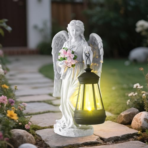 Editbar Statue da giardino a forma di angelo, luce tombale, decorazione per esterni, statuetta a LED Fairy Angelo, decorazione per prato, adatto per camera all'aperto, giardino, balcone, terrazza