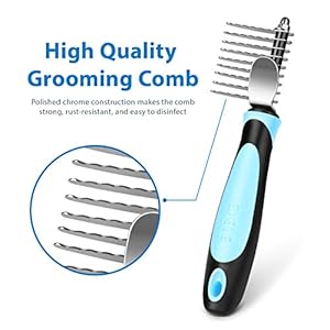 Flexzion Dogs Dematting Comb, Stainless Steel Blades Rakes, for Pets Cats Animals Matted Knotted Hair, Brush Cutting Removing Grooming Tool with Smooth Teeth Needle – Black & Blue Handle