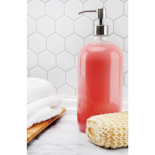 Cornucopia 32oz Glass Pump Bottles with Stainless Steel Pump (2-Pack, Clear); Economy Size Soap Dispenser for Massage Oils, Lotions, Liquid Soaps